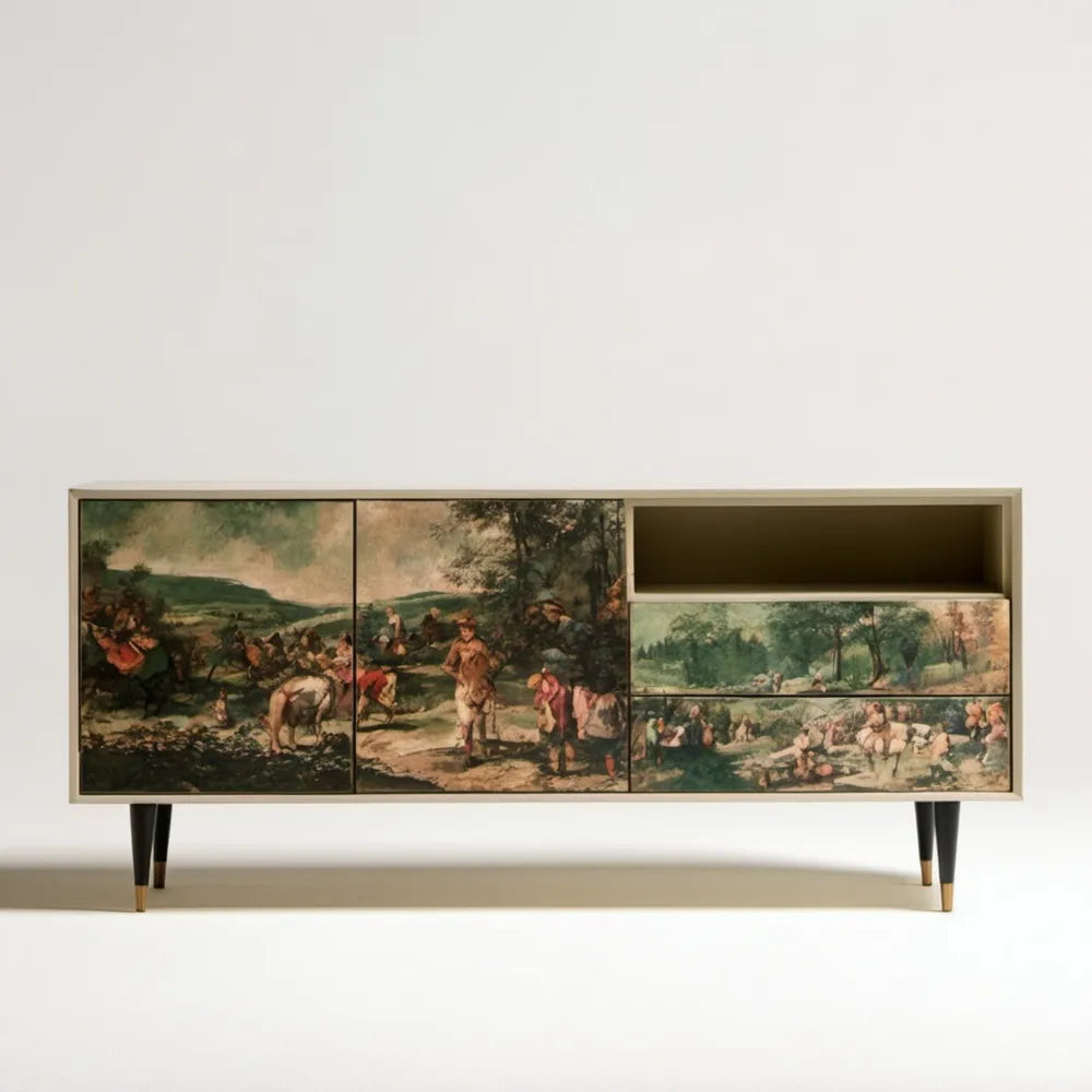 Beżowa szafka RTV z nadrukiem krajobrazowym 160 x 40 x 75 cm