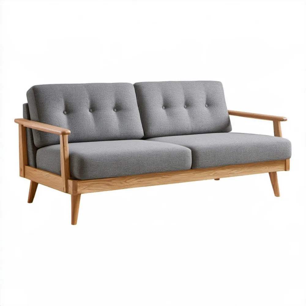 Dwuosobowa sofa skandynawska z drewna kauczukowego, szaro-jasnobrązowa, 150 x 80 x 82 cm