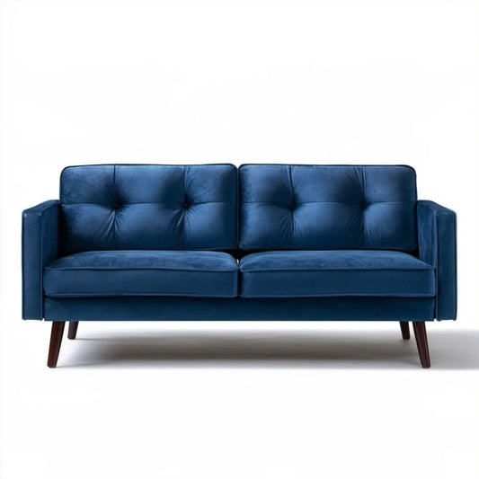 Dwuosobowa sofa z granatowego aksamitu poliestrowego z ciemnobrązowymi nogami, 180 x 82 x 84 cm